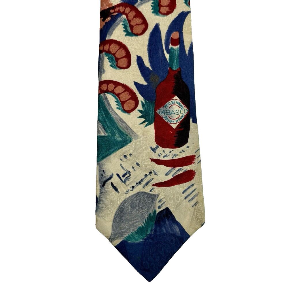 TABASCO Hot Sauce Men's Silk Tie Red Blue Green Cream Shrimp Novelty 57"x4"